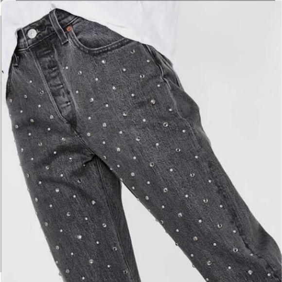 Levi's 501 Gray Studded Premium Denim Cropped Leg Jean Straight Leg Grunge Sz 25 - Picture 3 of 11